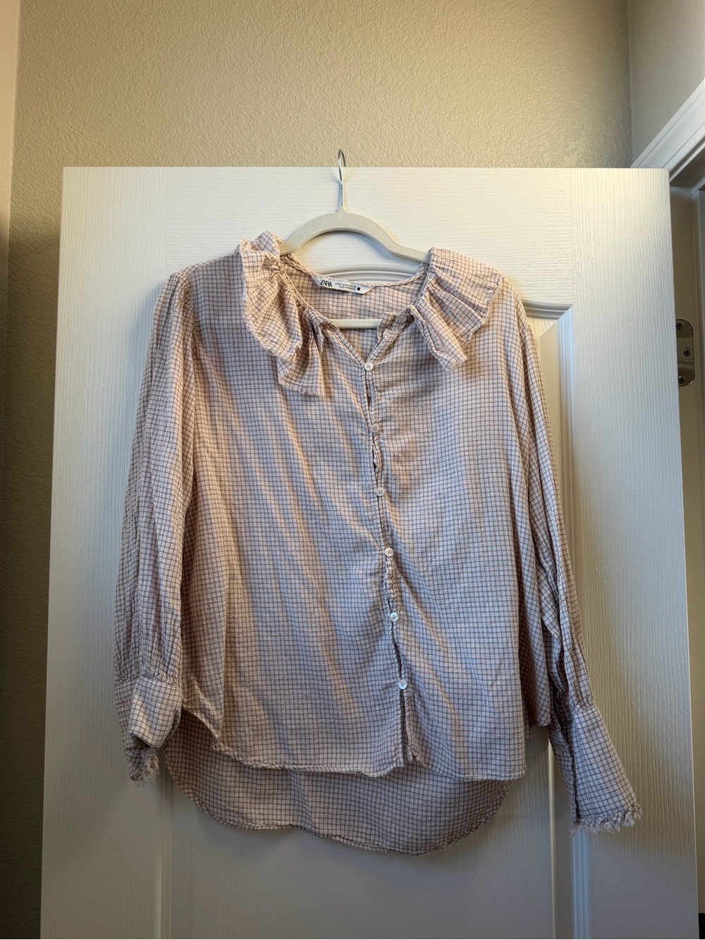 Zara Plaid Ruffle Collar Button-Front